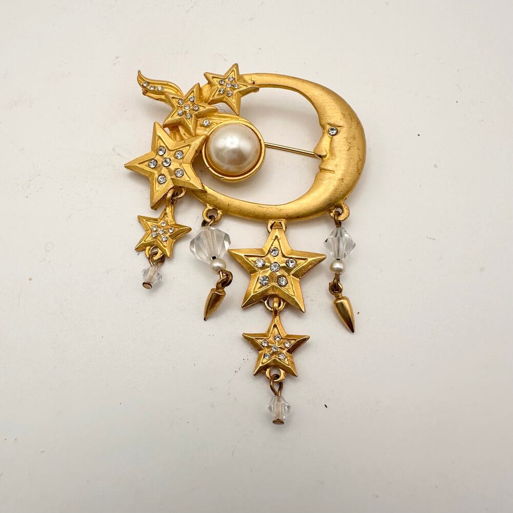 Gold Tone Vintage Unmarked Celestial Moon Stars Brooch Clear Stones Pearl Accent